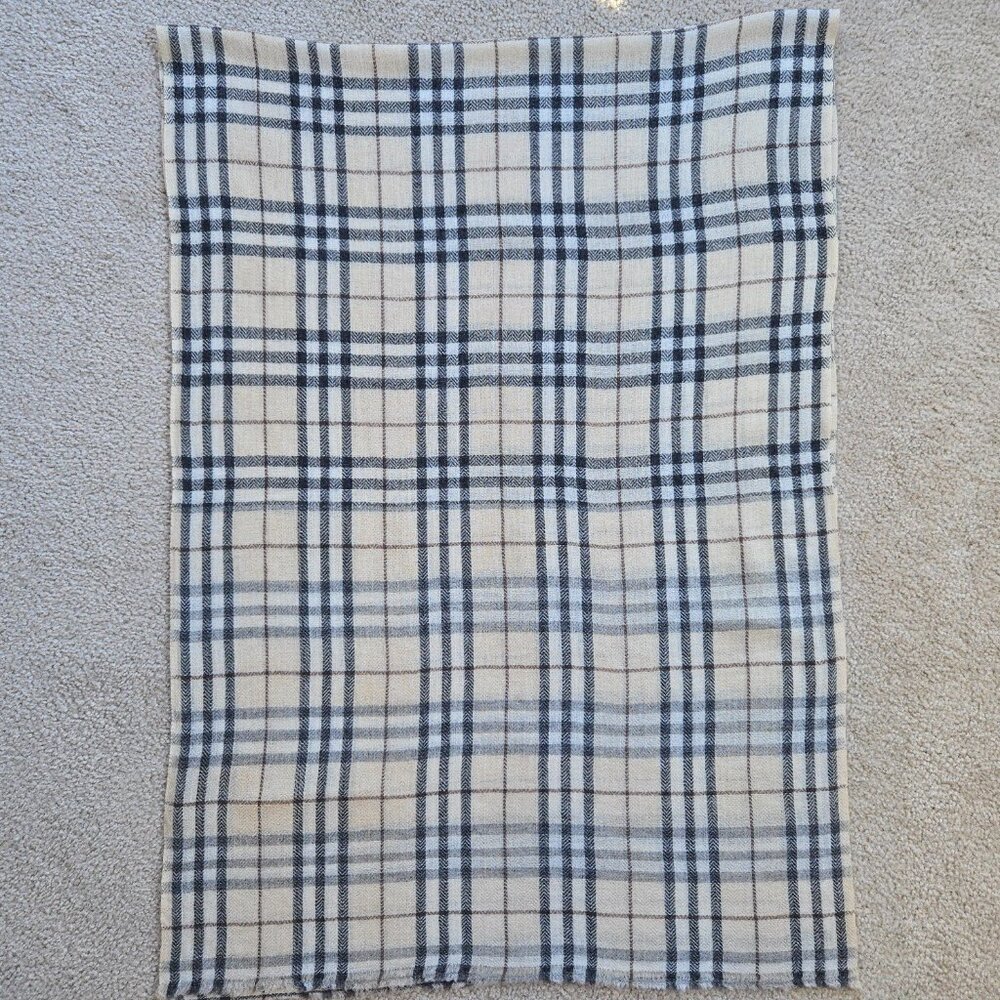 NWOT Cashmere Scarf Tan Plaid Nepal Open Weave Detail at Ends - Picture 6 of 13